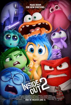 the inside out 2 movie poster with monsters and other cartoon characters in front of them