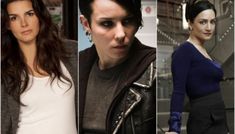 four different pictures of people with black hair and makeup, one in blue top and the other in white