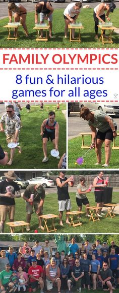 a collage of photos showing people playing games in the grass and on picnic tables