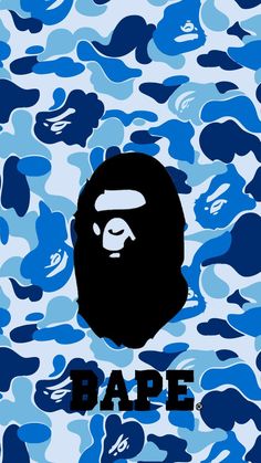 a bathing ape on blue camouflage with the word bape in it's center