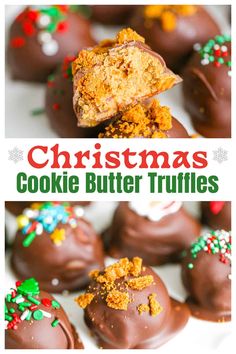 christmas cookie butter truffles on a white plate with the title in red and green