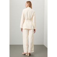 Off-white crepe (73% Lyocell (Tencel‚Ñ¢), 27% Linen). Lining (97% Polyester, 3% Elastane). Blazer. Long sleeves. Collar. Front button closure. 28.5" from shoulder to hemline. Imported. Feminine Summer Office Blazer, Classic Blazer For Summer Daywear, Elegant Linen Blazer For Day Out, Classic Summer Blazer For Daywear, White Summer Blazer For Business Casual, Summer Formal Cream Blazer, Chic Summer Blazer For Daywear, Summer Cream Formal Blazer, Elegant Beige Summer Blazer