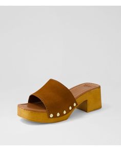 Glaya Brown Suede Sandals. Refresh your style with these heeled leather mules from Mollini. GLAYA is a contemporary take on a retro clog that suits sunny days and balmy nights. Brown Suede Heels, Metallic Sneakers, Ankle Boots Flat, Suede Sandals, Long Boots, Sandals For Sale, Leather Mules, Boots And Sneakers, Flat Boots