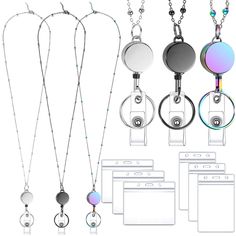 an assortment of necklaces with different shapes and colors