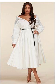 Pleated Elegance Bishop Sleeve Dress, Classic White Dress, Chic And Curvy, Boutique Couture, Surplice Neckline, White Midi, Windy Day, Off The Shoulder Dress, White Midi Dress