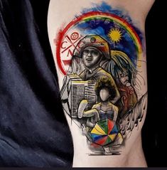 a woman's leg with a tattoo on it that has an image of a mother and child