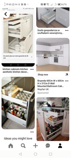 an image of the inside of a kitchen with many different items in it, including refrigerators and drawers