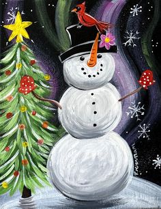 a painting of a snowman with a christmas tree in the foreground and a cardinal on top