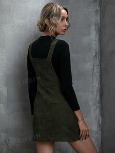 Style:Casual \nWaist Line:High Waist \nType:Pinafore \nDetails:Pocket \nDetails:Ring \nHem Shaped:Straight \nNeckline:Straps \nDetails:Zipper \nColor:Army Green \nPattern Type:Plain \nSleeve Length:Sleeveless \nFit Type:Regular Fit \nLength:Short \nMaterial:Corduroy \nComposition:100% Polyester \nCare Instructions:Machine wash or professional dry clean \nSheer:No \nFabric:Non-Stretch \n Corduroy Overall, Corduroy Overall Dress, Girls Dress Sewing Patterns, Ruffle Hem Dress, Dress For Short Women, Leather Dresses, Black Cocktail Dress, Overall Dress, Type A