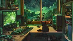 a cat sitting at a computer desk in front of a window with stars and the night sky