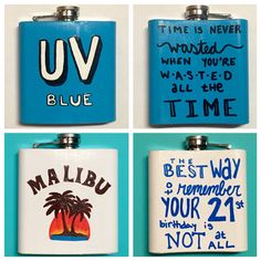 four flasks with different designs on them and some words written in blue ink