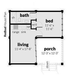 the floor plan for a two bedroom house with an attached bathroom and living room area