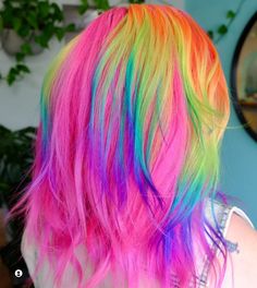 Pink Hair With Rainbow Highlights, Lisa Frank Hair Color, Pink And Rainbow Hair, Pink Rainbow Hair, Rainbow Money Piece, Short Rainbow Hair, Rainbow Goth, Emo Scene Hair, Bold Hair Color