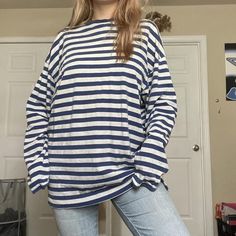 157364318-1 Oversized Striped Tops For Streetwear, Blue Drop Shoulder Top For Loungewear, Blue Drop Shoulder Tops For Spring, Striped Oversized Crew Neck Top, Oversized Striped Crew Neck Top, Casual Blue Drop Shoulder Tops, Oversized Striped Sweatshirt With Crew Neck, Oversized Striped Crew Neck Sweatshirt, Striped Long Sleeve Tops For College