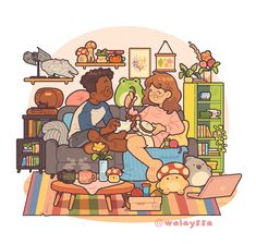 two people sitting on a couch with stuffed animals