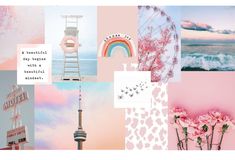 the collage is filled with pink flowers and pictures that include ferris wheel, clouds, rainbows, sky, water