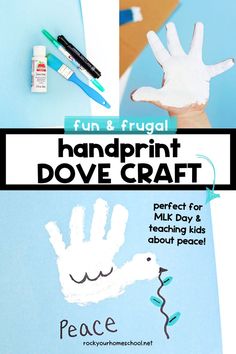 Light blue paper, white paint, markers, and paintbrush with child's hand painted white, and example of handprint dove craft with olive branch and Peace. Mlk Activities For Kids, Dove Craft, Peace Crafts, Mlk Jr Day, King Craft