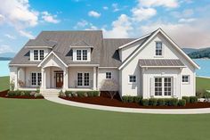 this is a computer rendering of the front elevation of a house with white trim and windows