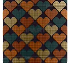 an abstract pattern made up of squares and hearts in orange, green, yellow and brown colors