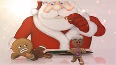 an animated santa clause standing next to two gingerbreads and a man in front of him