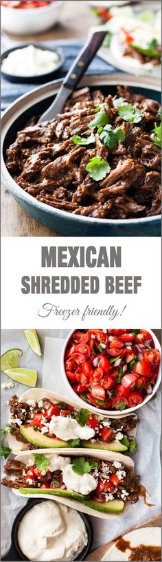 mexican shredded beef recipe with fresh salsa and avocado on the side, served in tortillas or burritos