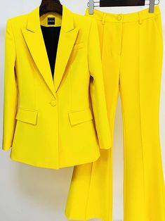 Blazer + Pants Matching Set Color: Yellow Material: Polyester, Cotton Delicate dry clean Protect accessory before washing Cool iron Sample size: S Our Style No. ZC_2021027 Latest Designer Dresses, Yellow Suit, Crop Top Sweatshirt, Corsets And Bustiers, Bootcut Pants, Tailored Blazer, Clothing Websites, Suit Set, Designer Style