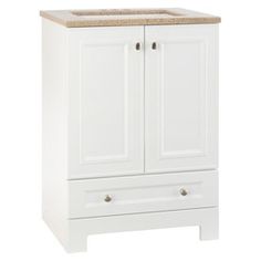 a white cabinet with two drawers and a brown counter top on the bottom, against a white background