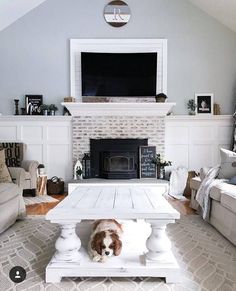 a dog is sitting on a coffee table in front of a fireplace and television set