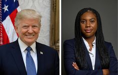 two women and one man are standing in front of an american flag, both wearing business attire