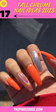 17 Trendy Chrome Nail Ideas for Fall 2023 - thepinkgoose.com Orange Silver Nails, Orange Chrome Nails, Holographic Nails Acrylic, Chrome Nail Colors, Orange Chrome, Orange Nail Designs