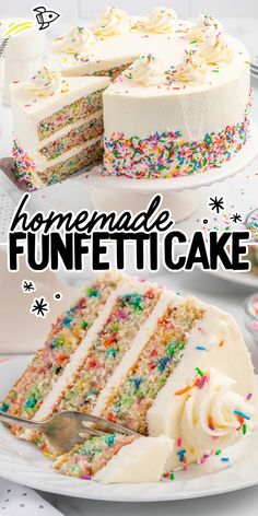 a cake with white frosting and sprinkles on it that says homemade funfetti cake