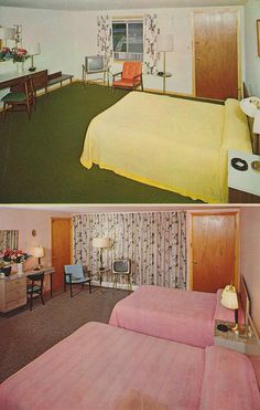 two pictures of the same room in an old house, one has pink bedspreads and