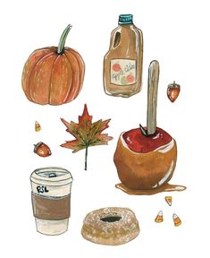 a watercolor painting of fall items including maple syrup, pumpkins and donuts