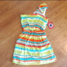 Adorable One Shoulder Summer Dress With Stripes Of Lime Green,Orange, Teal, White And Blue. Very Miami Summer Time! Perfect For Going Out Or Running Around Town. Super Cute Bow Accent On Shoulder, And Matching Bright Orange Belt Cinches The Elastic Waist, White Built In Lining. Tags Still Attached, Trixxi Brand Size Small. Approximate Measurements Pit To Pit- 16" Waistband- 13" Total Length- 33.5" Orange Lined Mini Dress For Summer, Lined Orange Mini Dress For Summer, Summer Orange Lined Mini Dress, Orange One Shoulder Mini Dress For Summer, Orange One-shoulder Summer Mini Dress, Spring Orange Lined Mini Dress, Casual Orange One-shoulder Dress, Casual One-shoulder Multicolor Dress, Casual Multicolor One-shoulder Dress