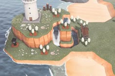 Pier Ideas Animal Crossing, Animal Crossing Kapp'n Pier Ideas, Board Walk Animal Crossing, Peninsula Ideas Animal Crossing, Acnh Peninsula Ideas Lighthouse, Acnh Beach Entrance, Acnh Lighthouse Area, Acnh Harbor Ideas, Animal Crossing Gazebo Ideas