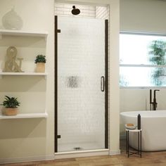 a bath room with a tub and a shelf