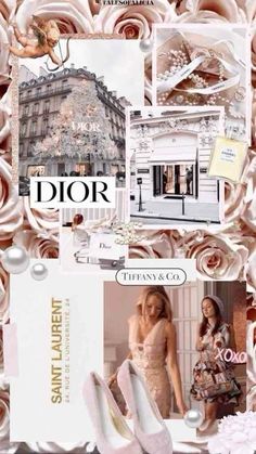 a collage of photos with pink flowers and white shoes on the bottom, along with words that read dior