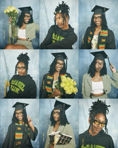 a collage of photos with different people in graduation caps and gowns holding flowers