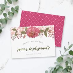 two cards with pink flowers and greenery on them