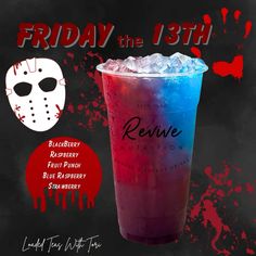 a drink with ice in it next to a poster for friday the 13th