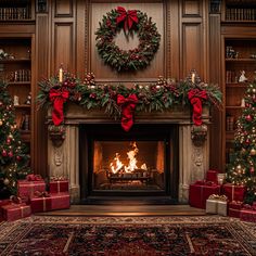 a fireplace decorated for christmas with presents around it