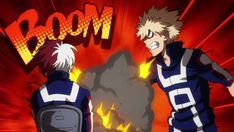 two anime characters are facing each other in front of a red and yellow background with the word boom on it