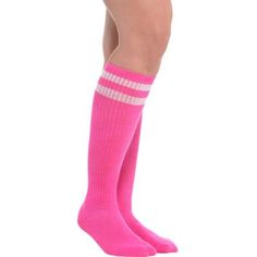 Pull on our Pink Stripe Athletic Knee-High Socks for some instant team spirit! These athletic knee-high socks feature allover bright pink with two white stripes at the top. They reach all the way up to your knees for a look that's both sexy and demure! Pink Stripe Athletic Knee-High Socks product details:  Each measures 19in long Fits men's shoe sizes 4 1-2 to 7 1-2 and women's shoe sizes 5 1-2 to 9 1-2  52% acrylic 39% polyester 6% rubber 2% spandex 1% other fiber  Hand wash cold line dry Pink Knee High Socks, Socks Aesthetic, Pink Costume, Halloween Costume Shop, Halloween Store, Pink Socks, Pink Suit, Pink Halloween, Long Socks