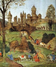 an image of a painting with people and animals in the foreground, near a castle