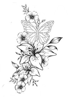 a black and white drawing of flowers with butterflies