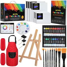 an assortment of art supplies including paint, brushes and easel on a white background