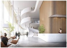 an artist's rendering of a lobby with spiral staircase