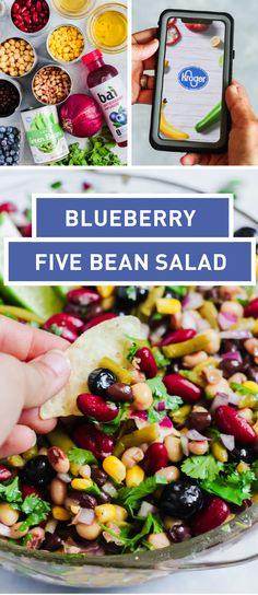 the blueberry five bean salad is ready to be eaten and served with dressings