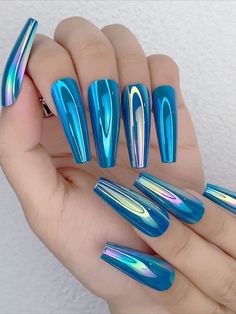 Extra Long Coffin Blue Mirror Fake Nails Laser Acrylic, Best Press On Nails, Nails Extra, Nails Glossy, Purple Nail Designs, Green Chrome, Coffin Press On Nails, Blue Peacock, Fall Acrylic Nails