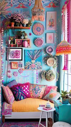 a brightly colored room with lots of pictures on the wall and colorful furniture in it